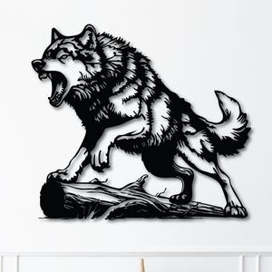 May include: Black metal wall art depicting a howling wolf standing on a log. The wolf is intricately detailed with a textured fur design. The artwork is mounted on a white wall above a wooden cabinet.