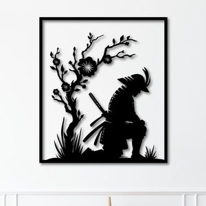 Arte de parede de samurai DXF SVG PDF Eps: arquivo de corte a laser de guerreiro japonês | Design CNC de silhueta de katana
