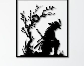 Samurai Silhouette Wall Art: Japanese Warrior, Katana, Cherry Blossom (Digital File)