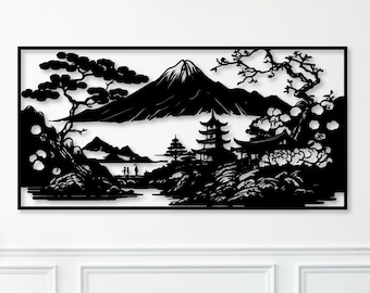 File dxf,svg,eps,ai e pdf di arte murale del monte Fujiyama e del tempio giapponese per taglio laser, taglio CNC, Fuji svg, arte giapponese