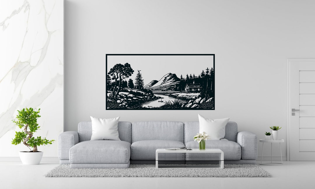 Linocut Style Village ,forest, Lake, Mountains Wall Art Dxf, Svg, Eps, Ai and Pdf for Laser