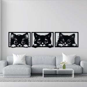 Decoração de parede de três gatos dxf, svg, eps, ai e arquivos pdf para corte a laser, corte cnc, gatos espiando, dxf para laser, arte de parede de gatos dxf