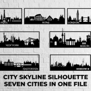 Silhueta de horizonte da cidade, arte de parede, arquivos Dxf, svg, eps, ai e pdf para corte a laser, corte cnc, Berlim, Londres, Moscou, Roma, Paris, Amsterdã, Nova York dxf