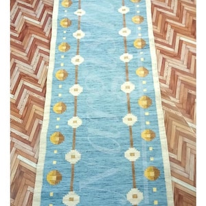 Blue Swedish Rug inspired High Quality Handwoven Flatweave Wool Rug for Living Room Bedroom, 5x8 6x9 Rug, Customize in all Size
