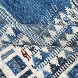 Blue Scandinavian Wool Rug: Handwoven Flatweave, Custom Size Available
