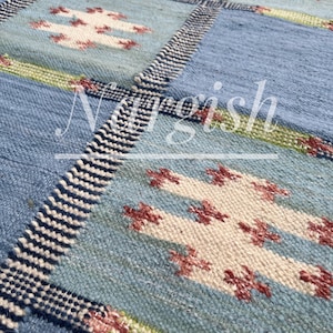 Rugs 4x6 5x8 8x10 Swedish Marianne Richter inspired Blue Kilim Rug for Family, Wool Rug for Living Room Bedroom, Customize in All Size