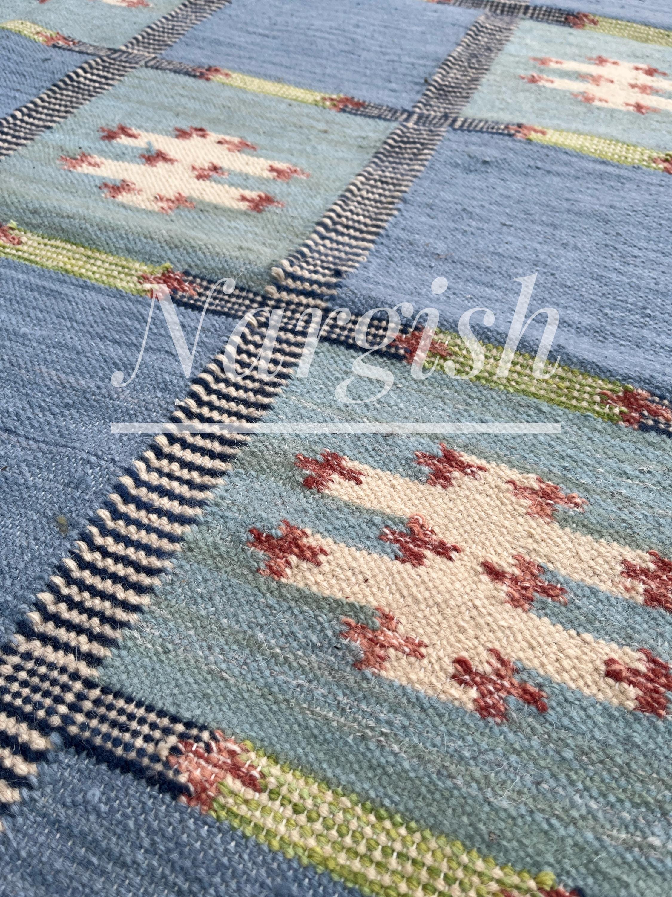 Rugs 4x6 5x8 8x10 Swedish Marianne Richter inspired Blue Kilim Rug for Family, Wool Rug for Living Room Bedroom, Customize in All Size