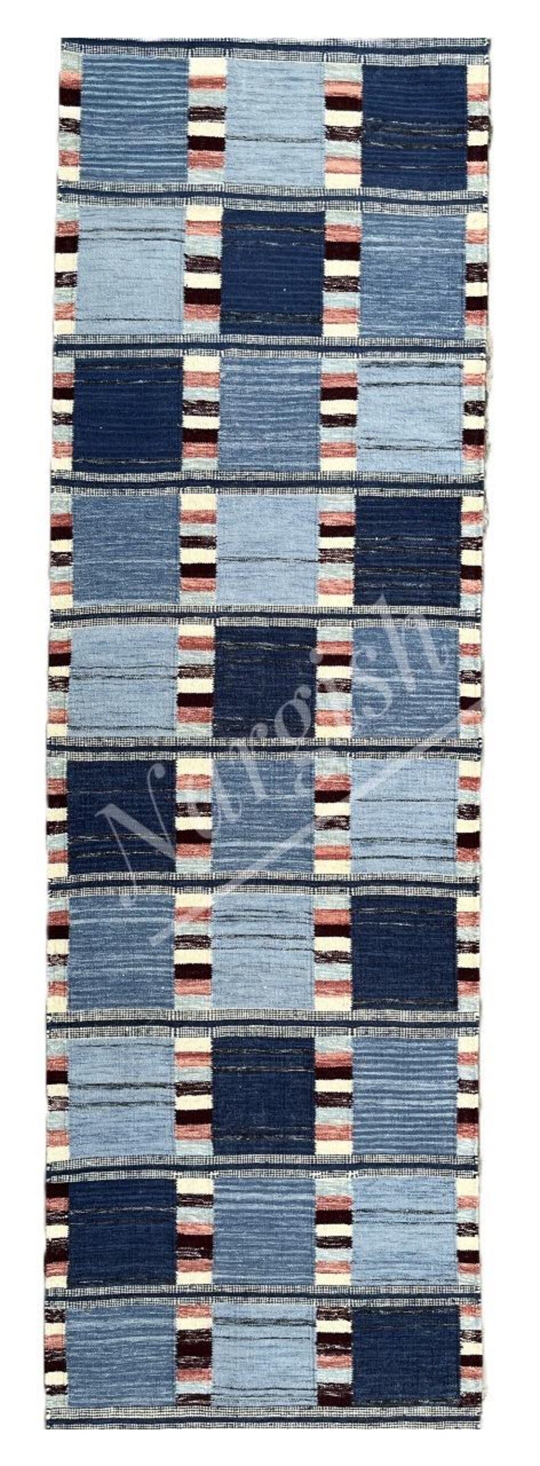 Elegance Blue Handwoven Swedish Scandinavian Style Flatweave Wool Rug 