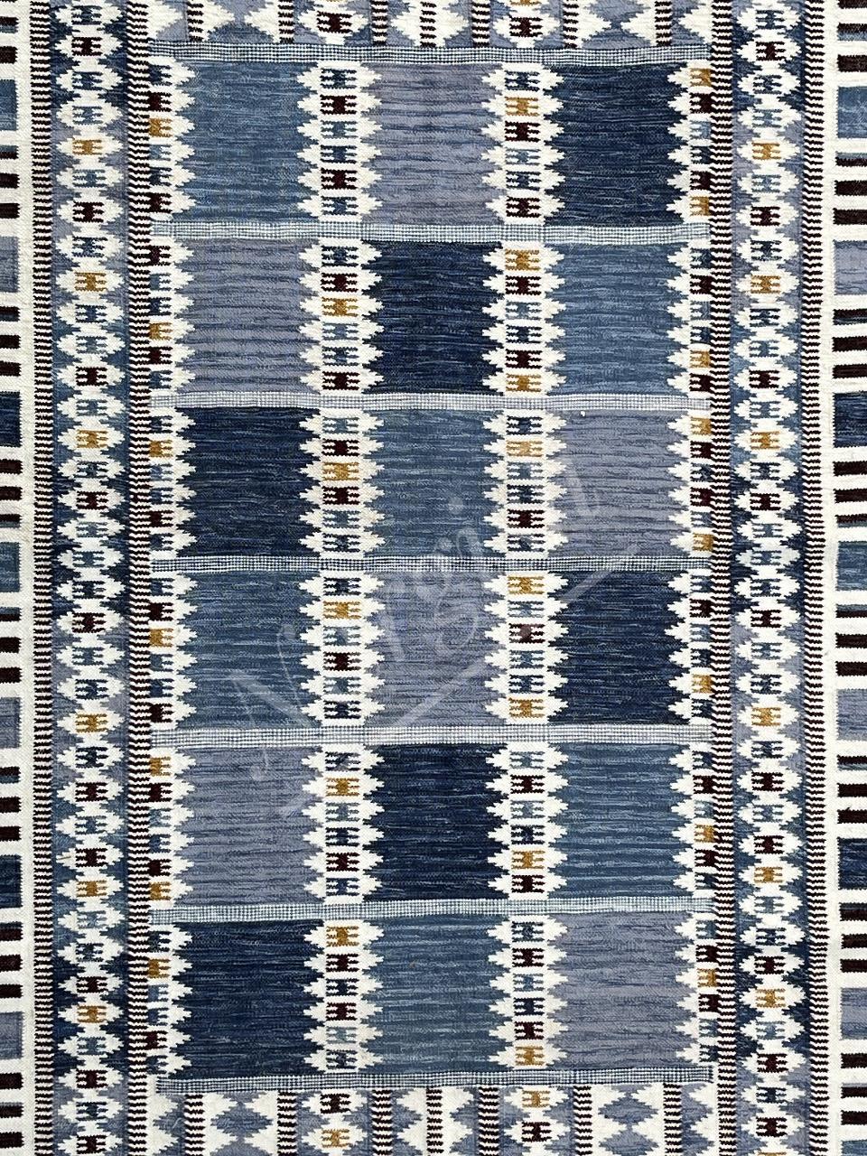 Handwoven Wool Rug: Blue Marianne Richter Style, 8x10 Flatweave