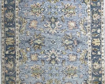 Alfombra Oushak azul de 8x10: alfombra turca de lana anudada a mano