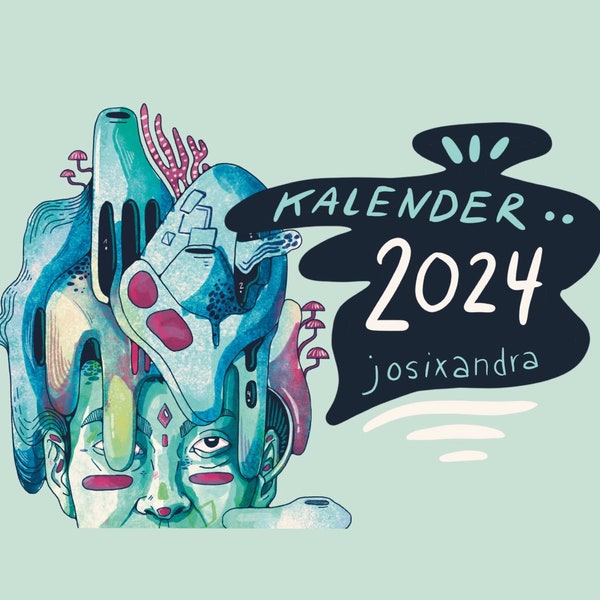 Wandkalender 2024 bunt illustriert mit Kunstwerken (Malerei und Collagen) Format DIN A4