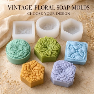 Ornate Floral Silicone Soap Mold, Embossed Mandala Mould, Round Square Hexagon Bar, Five Botanical Designs
