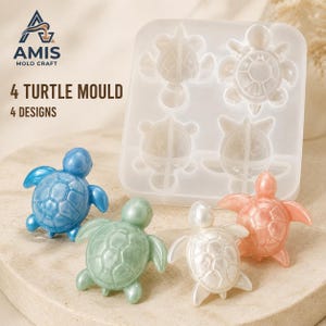 May include: A translucent silicone mould featuring four distinct turtle cavities, accompanied by four finished turtle figurines in blue, green, white, and peach. The text AMIS MOLD CRAFT, 4 TURTLE MOULD, and 4 DESIGNS is printed in the upper left corner.