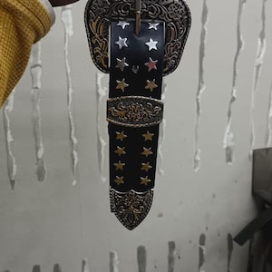 20 Black Leather star studded belt , genuine leather luxury studded belt , studded belt for men , western buckle star studded belt