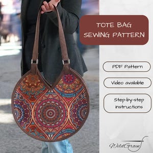 大きな丸型トートバッグの型紙 | ユニークな円形バッグのPDF | 裏地付きポケット付きショルダーバッグ | 動画チュートリアル | 分かりやすい
