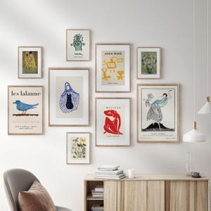 Framed Gallery Wall Art Set: Eclectic Vintage Prints, Solid Wood Frames