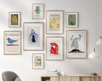 Ingelijste galeriewandkunstset: eclectische vintage prints, massief houten lijsten