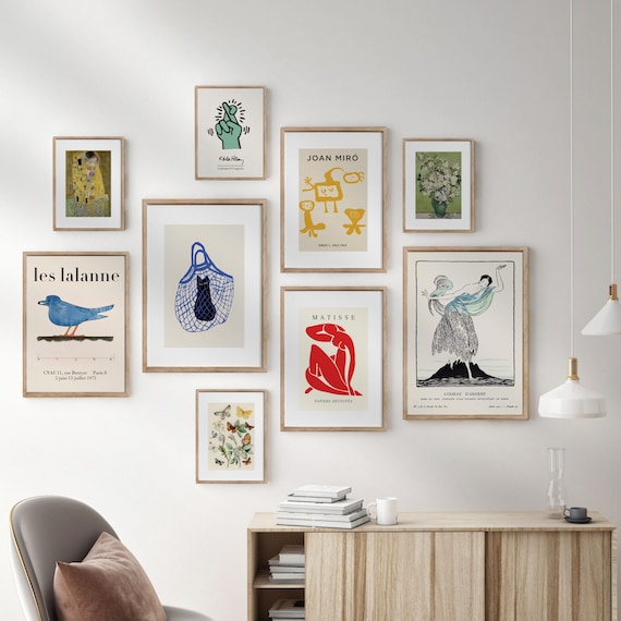Framed Gallery Wall Art Set: Eclectic Vintage Prints, Solid Wood Frames