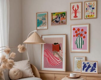 FRAMED  Eclectic Wall Art  Gallery Wall Set of 8, Red Flower  Prints Wall Decor, Lobster Wall Art, Monet  Artwork Framed Home Deco Posters