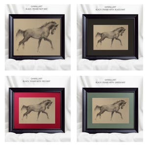 May include: Four framed horse art prints. Each print features a charcoal drawing of a horse in motion. The frames are black, with options including a black mat, red mat, green mat, or no mat. The text "GHWALLART" is visible.