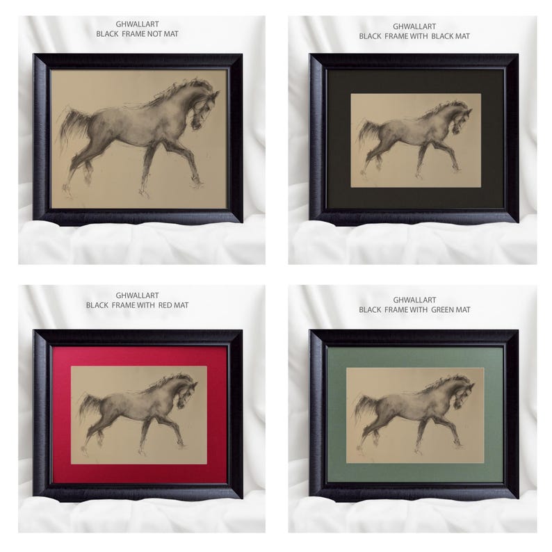 May include: Four framed horse art prints. Each print features a charcoal drawing of a horse in motion. The frames are black, with options including a black mat, red mat, green mat, or no mat. The text "GHWALLART" is visible.