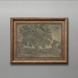 Vintage Tree Landscape Art: Gold Framed Countryside Drawing