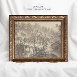 Vintage sepia, pejzaż, wydruk artystyczny: Scena rzeczna w czarnej ramie