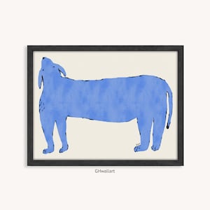 Illustrazione di un cane blu incorniciato, arte murale minimalista e giocosa, stampa moderna di animali domestici per la cameretta dei bambini o per una galleria, disegno a linee eccentrico