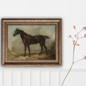 May include: An antique framed painting of a dark brown horse standing in a field. The horse is the focal point, set against a backdrop of a cloudy sky and a landscape with trees. The frame is ornate with a gold finish.
