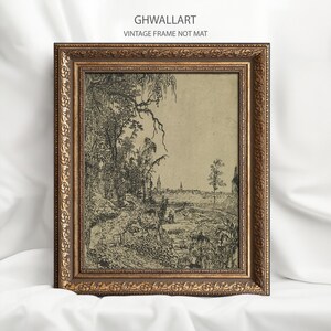 Vintage Framed Landscape Drawing: Rustic Countryside Art Print