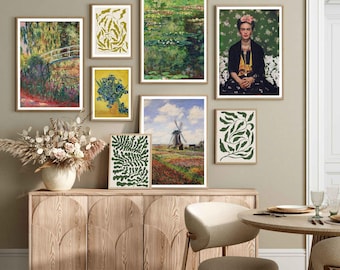 Monet Print Set of 8: Vintage Gallery Wall Art with Natural Wood Frames