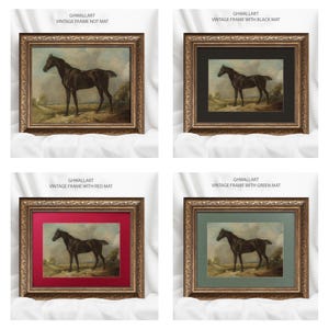 May include: Four framed horse paintings. Each features a dark horse in a landscape. The frames are ornate with gold tones. The mats are black, red, green, and none. The text "GHWALLART VINTAGE FRAME" is visible.