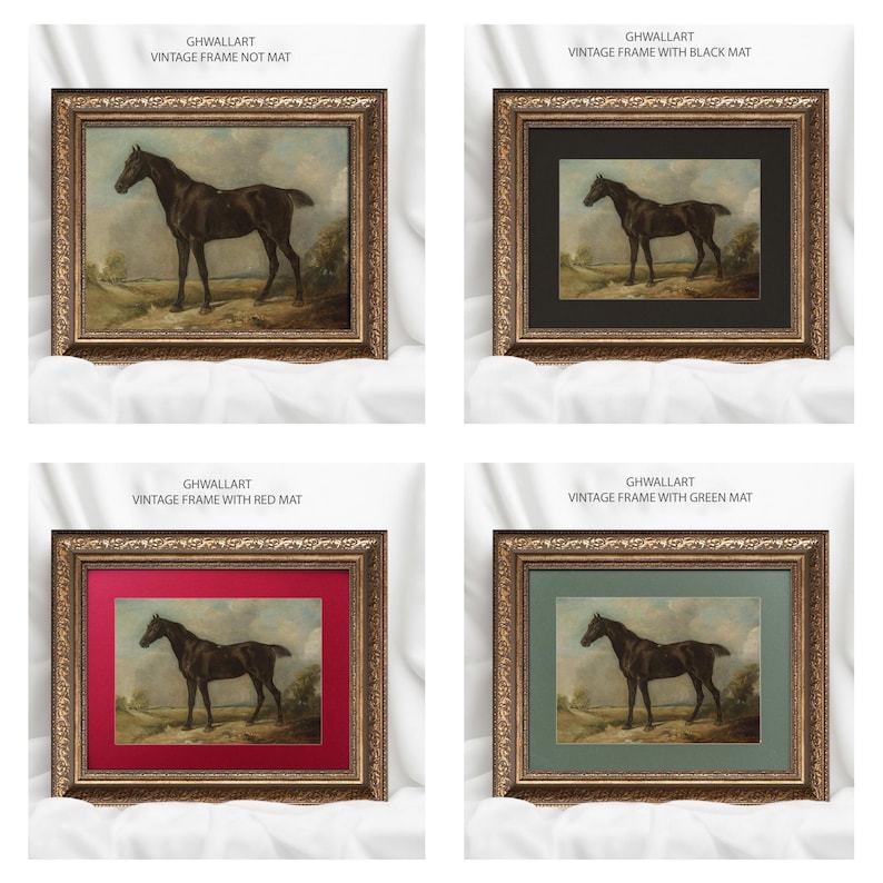 May include: Four framed horse paintings. Each features a dark horse in a landscape. The frames are ornate with gold tones. The mats are black, red, green, and none. The text "GHWALLART VINTAGE FRAME" is visible.