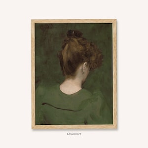 Framed Classical Woman Portrait Print, Back View Figurative Art in Green, Vintage Oil Painting Style Wall Decor, Soft Mood Artwork
