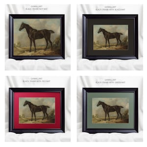 May include: Four framed art prints featuring a black horse in a landscape. Each print is in a black frame, with options including a black mat, red mat, green mat, or no mat. The text "GHWALLART" is visible.