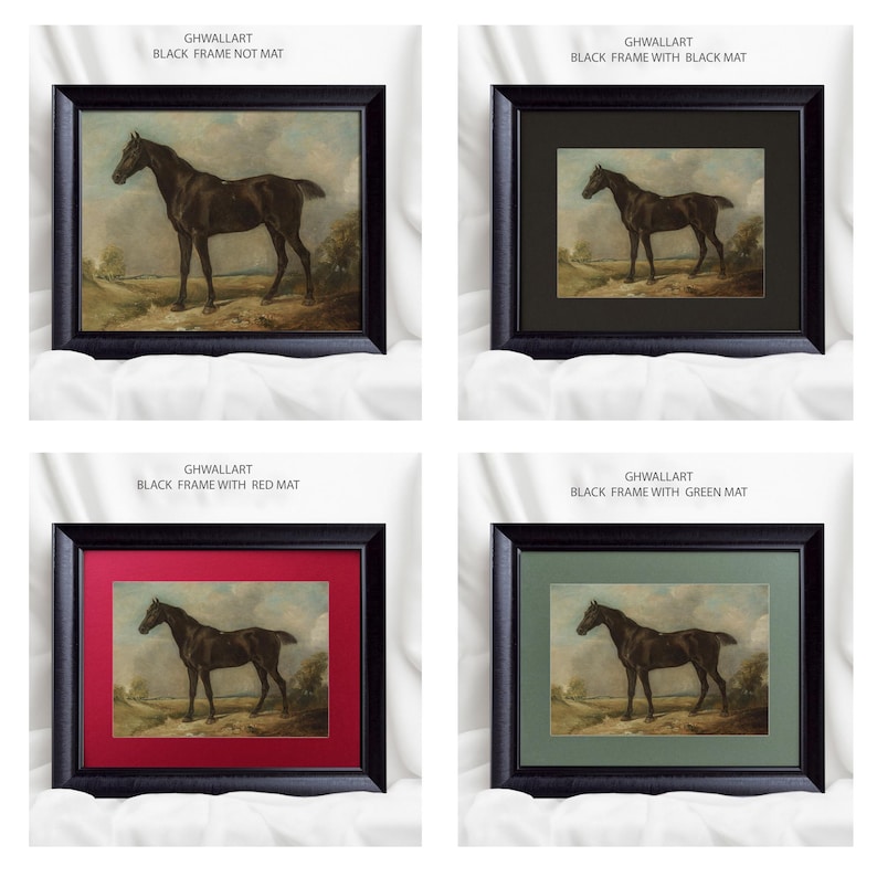 May include: Four framed art prints featuring a black horse in a landscape. Each print is in a black frame, with options including a black mat, red mat, green mat, or no mat. The text "GHWALLART" is visible.