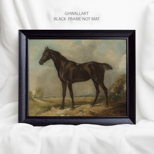 May include: A framed print featuring a dark brown horse in a landscape setting. The artwork is in a black frame, with the text "GHWALLART BLACK FRAME NOT MAT" at the top. The horse is the focal point, standing on a grassy area.
