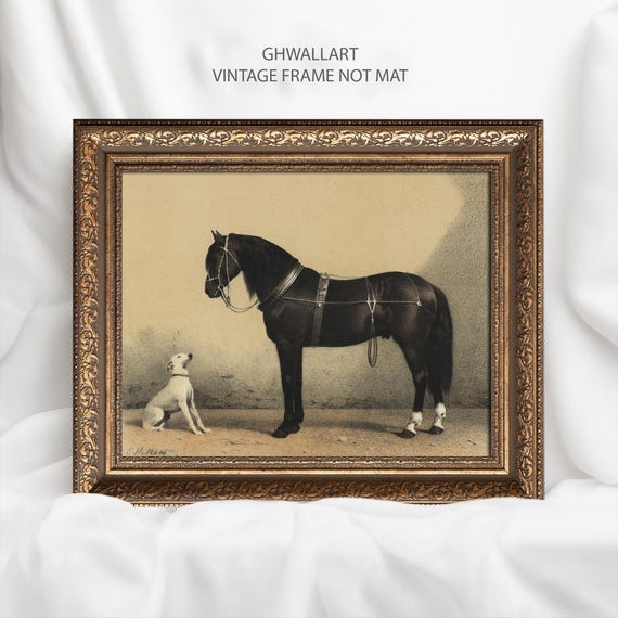 Vintage Horse and Dog Art Print: Gold Ornate Frame, Equestrian Wall Decor