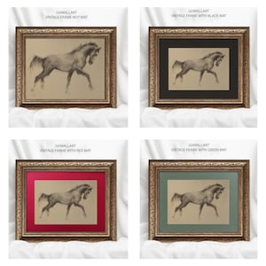 May include: Four framed horse art prints. Each print features a charcoal drawing of a horse in motion. The frames are ornate, with a gold finish. The mats are black, red, green, and tan. The text "GHWALLART VINTAGE FRAME" is visible.
