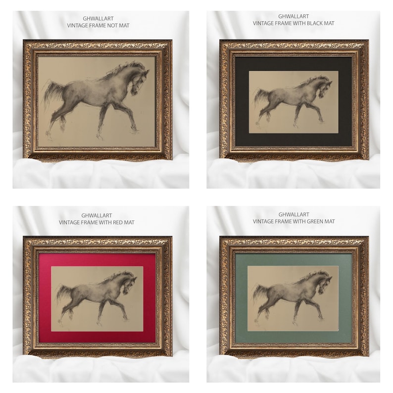 May include: Four framed horse art prints. Each print features a charcoal drawing of a horse in motion. The frames are ornate, with a gold finish. The mats are black, red, green, and tan. The text "GHWALLART VINTAGE FRAME" is visible.