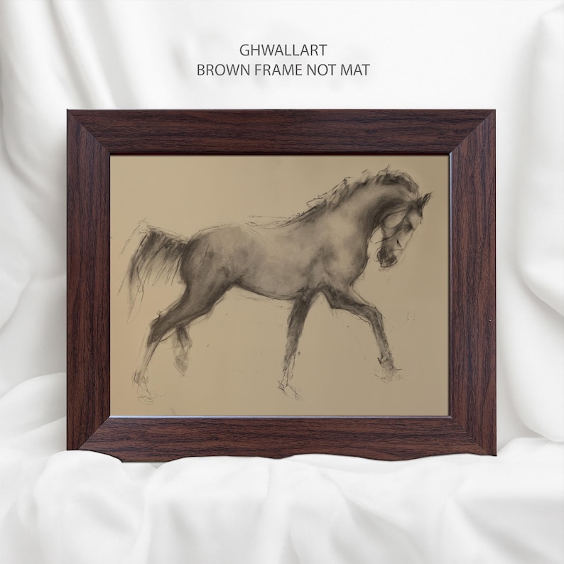 May include: A framed charcoal drawing of a horse in motion. The artwork is in a brown wooden frame. The text "GHWALLART BROWN FRAME NOT MAT" is printed at the top of the image.
