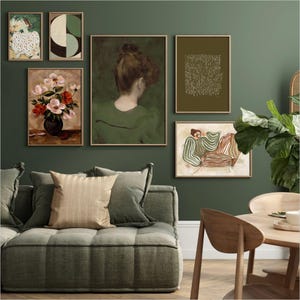 FRAMED  Green Brown  Gallery Wall / Mid Century Modern Wall Art/ Flower  Wall Art/ Framed Gallery Wall Set / Woman  Modern Gallery Set