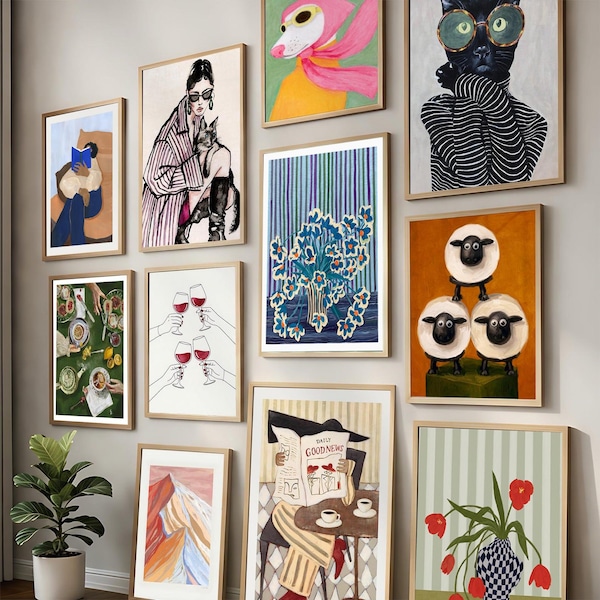 Moderne 11-delige ingelijste kunstset: kleurrijke, moderne en dierlijke houten lijsten - Eclectisch maximalistisch housewarmingcadeau