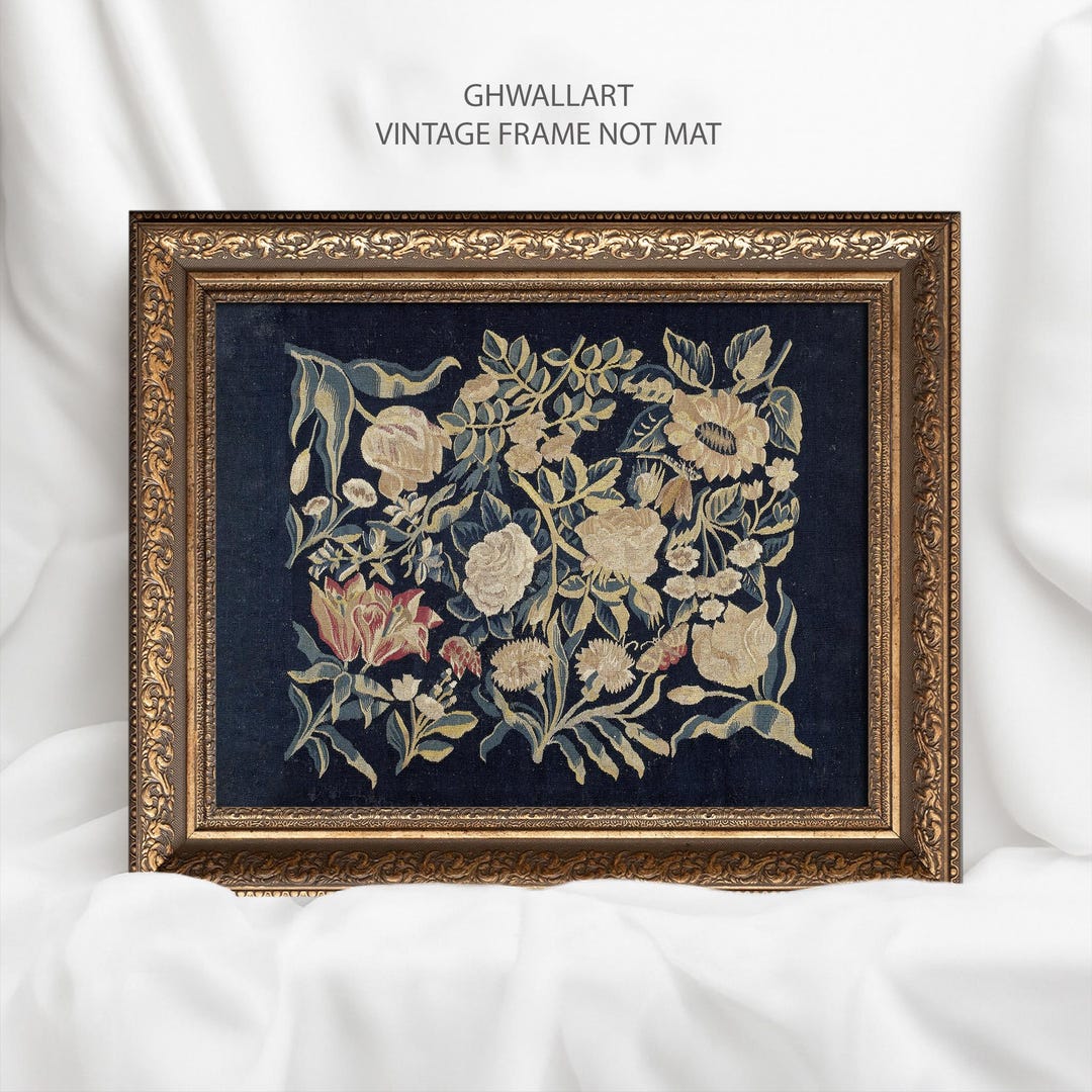 Vintage Floral Art Print: Botanical Embroidery in Ornate Gold Frame - Etsy
