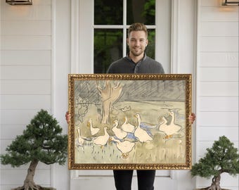 Framed Vintage Geese Painting Print, Rustic Farmhouse Wall Decor