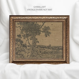 Ingelijste antieke landschapsschetskunstdruk: vintage gouden lijst