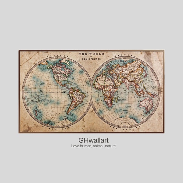 Samsung Frame TV Art  Vintage World Map, Instant download, Map for samsung frame tv, Map art tv frame