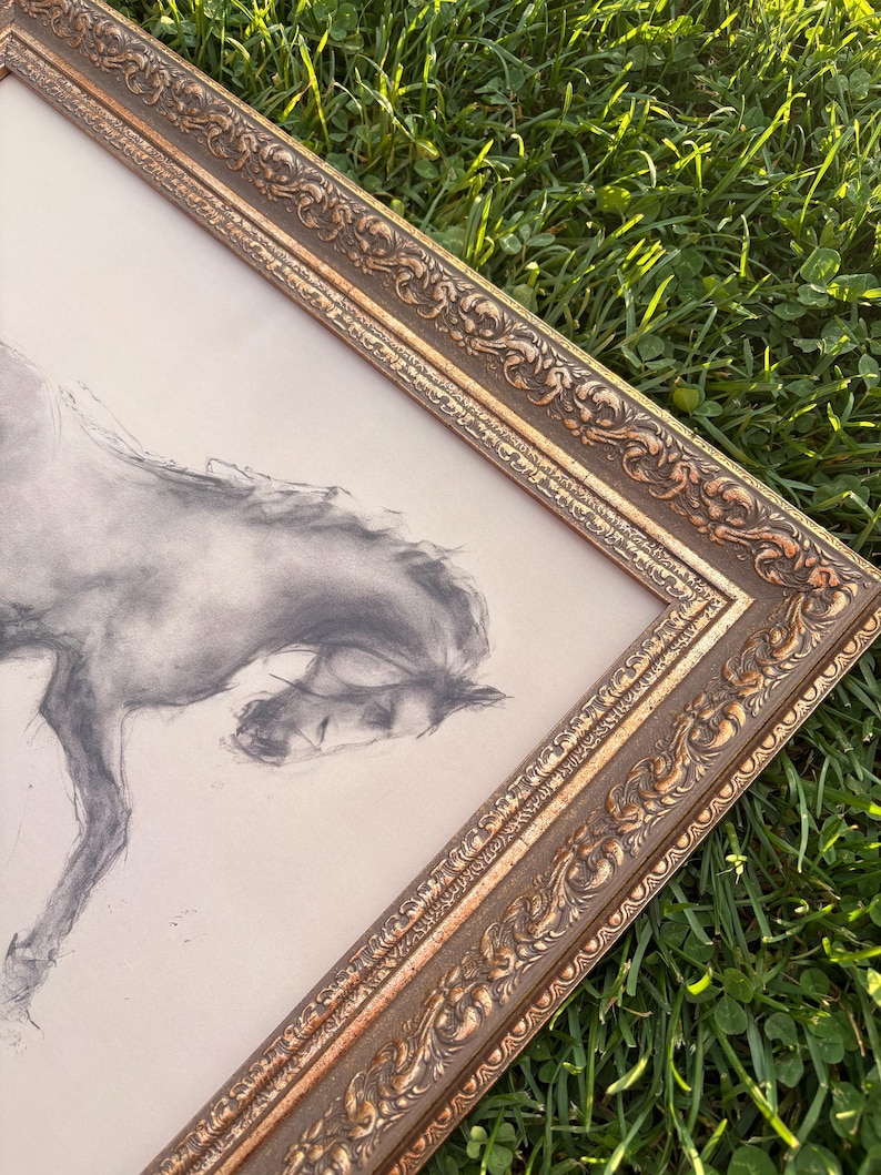 Vintage Horse Charcoal Sketch: Antique Gold Framed Art Print image 6