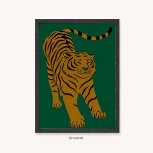 Framed Bold Tiger Art Print, Minimalist Jungle Animal Illustration, Retro Safari Wall Decor, Modern Graphic Tiger Poster, Wild Cat Artwork