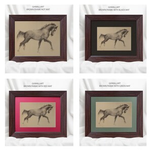 May include: Four framed horse art prints. Each print features a charcoal drawing of a horse in motion. The frames are dark brown, with options for a black, red, green, or no mat. The text "GHWALLART" and frame descriptions are visible.